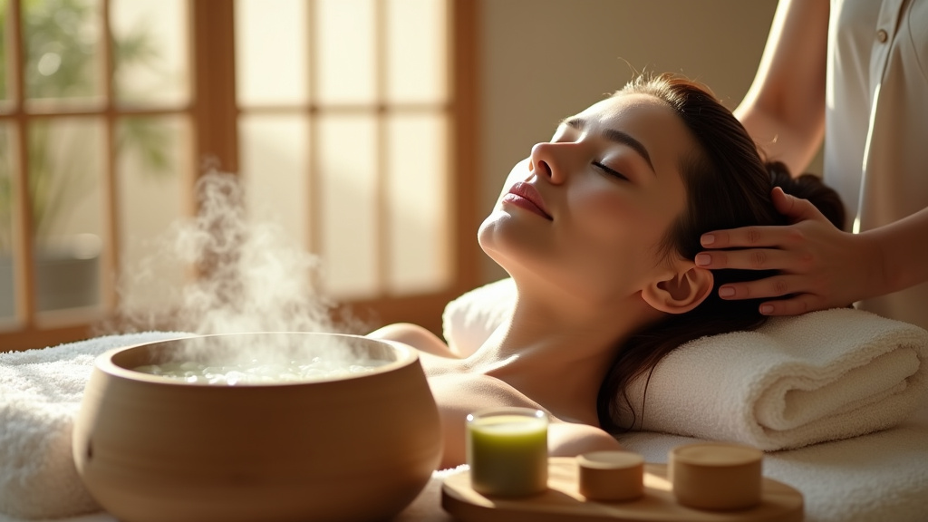 Séance de headspa dans un salon de beauté - praticienne effectuant un massage capillaire sur une cliente allongée