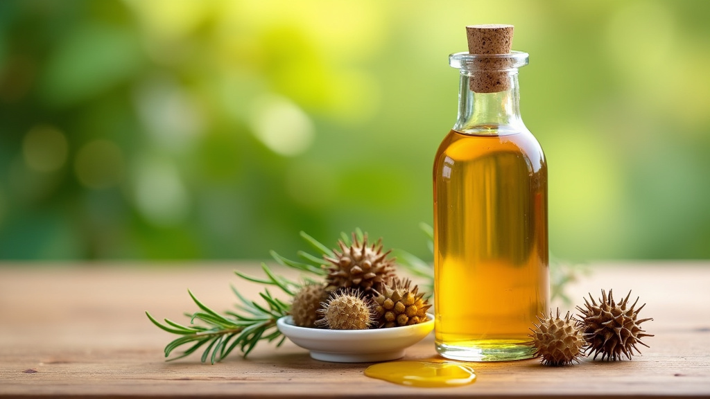 Flacons d'huile de ricin biologique sur une étagère en bois