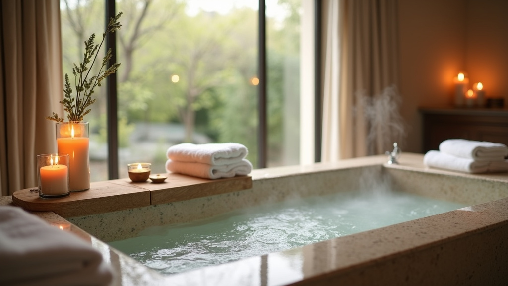 Vue du jardin zen d'un spa à Angers - espace extérieur avec fontaine et plantes méditerranéennes