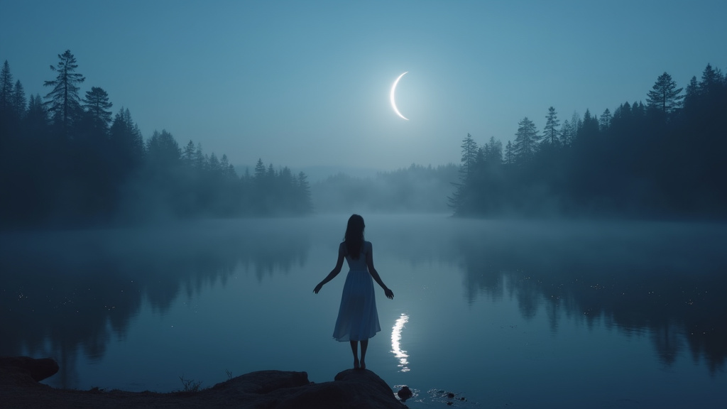 Illustration d'une personne méditant sous une nouvelle lune, avec des symboles d'intentions émergentes.