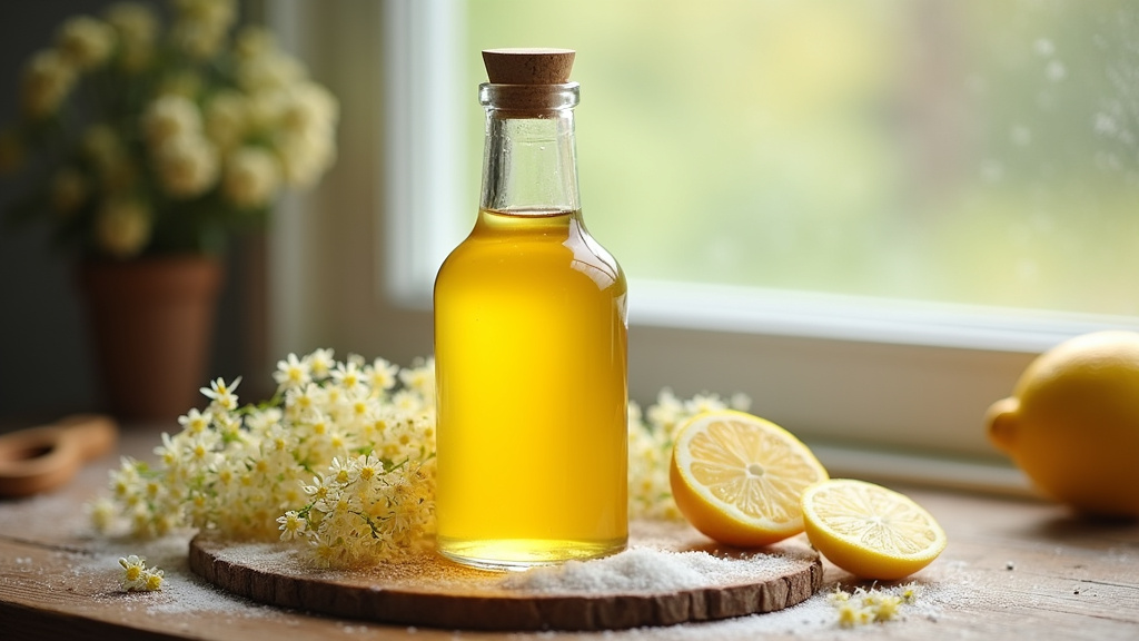 Bouteilles de sirop de fleurs de sureau maison alignées sur une étagère en bois