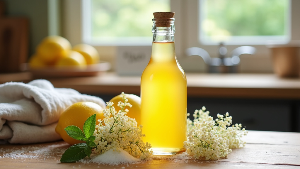 Sirop de fleurs de sureau maison dans des bouteilles en verre avec des fleurs de sureau fraîches