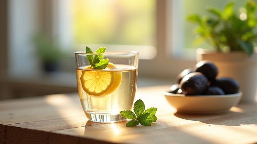 Verre d'eau citronnée et tisane à la menthe sur une table de cuisine