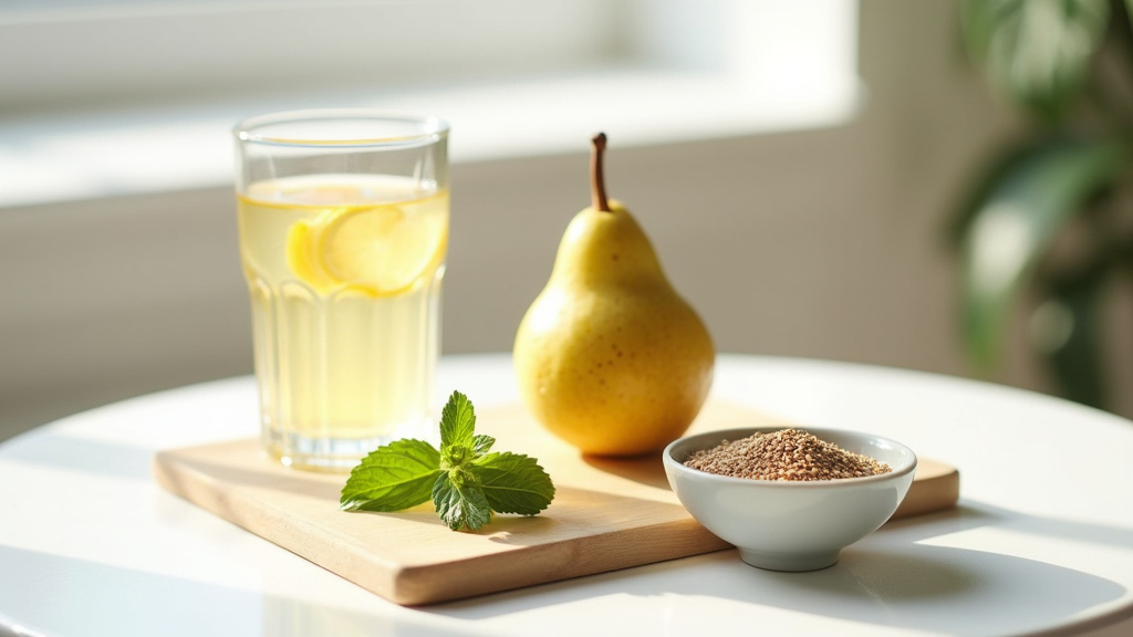 Illustration de remèdes naturels contre la constipation - fruits secs, tisanes et eau