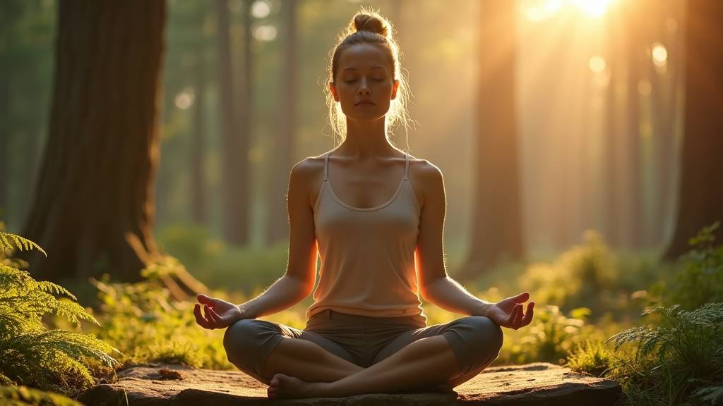 Femme méditant sur un tapis de yoga dans un cadre naturel paisible